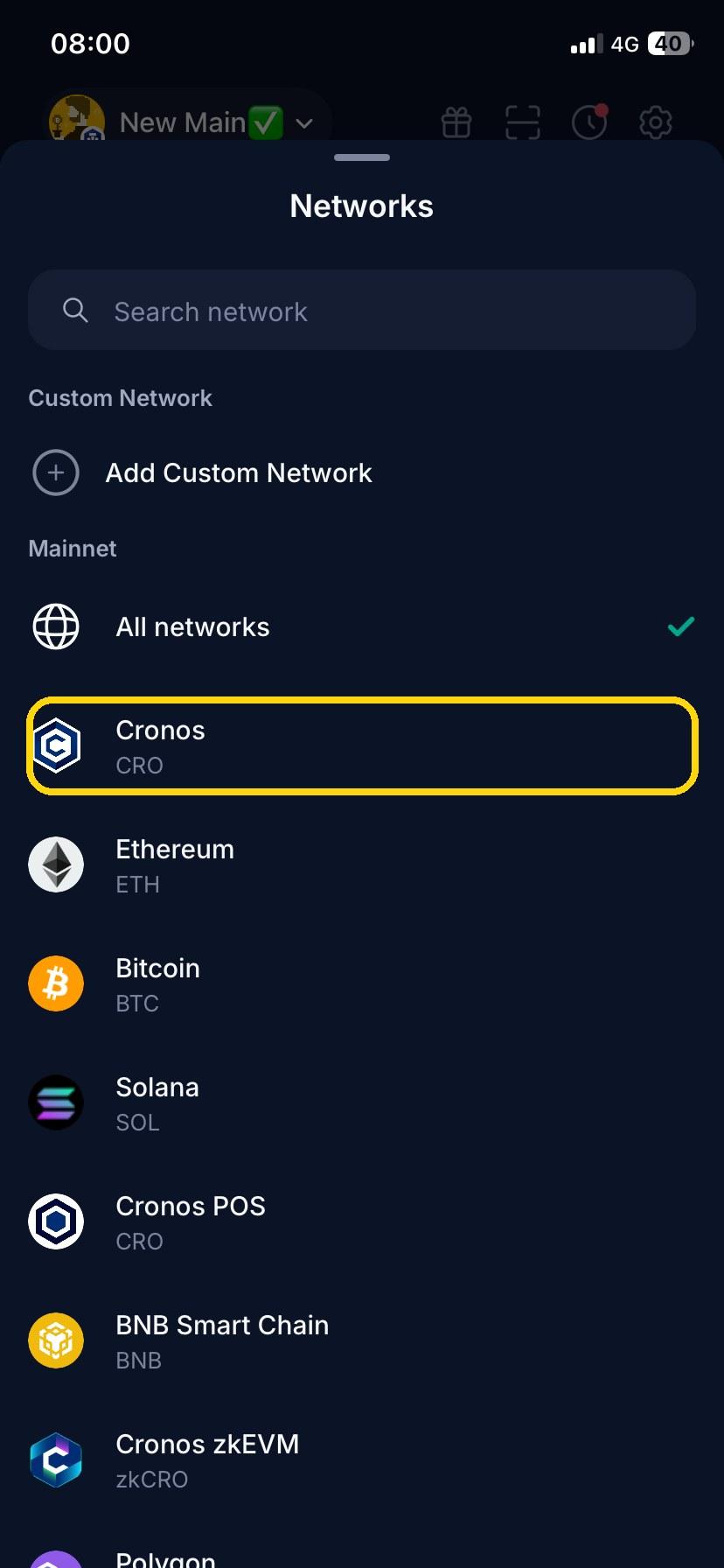 Choose Cronos in the Networks list.