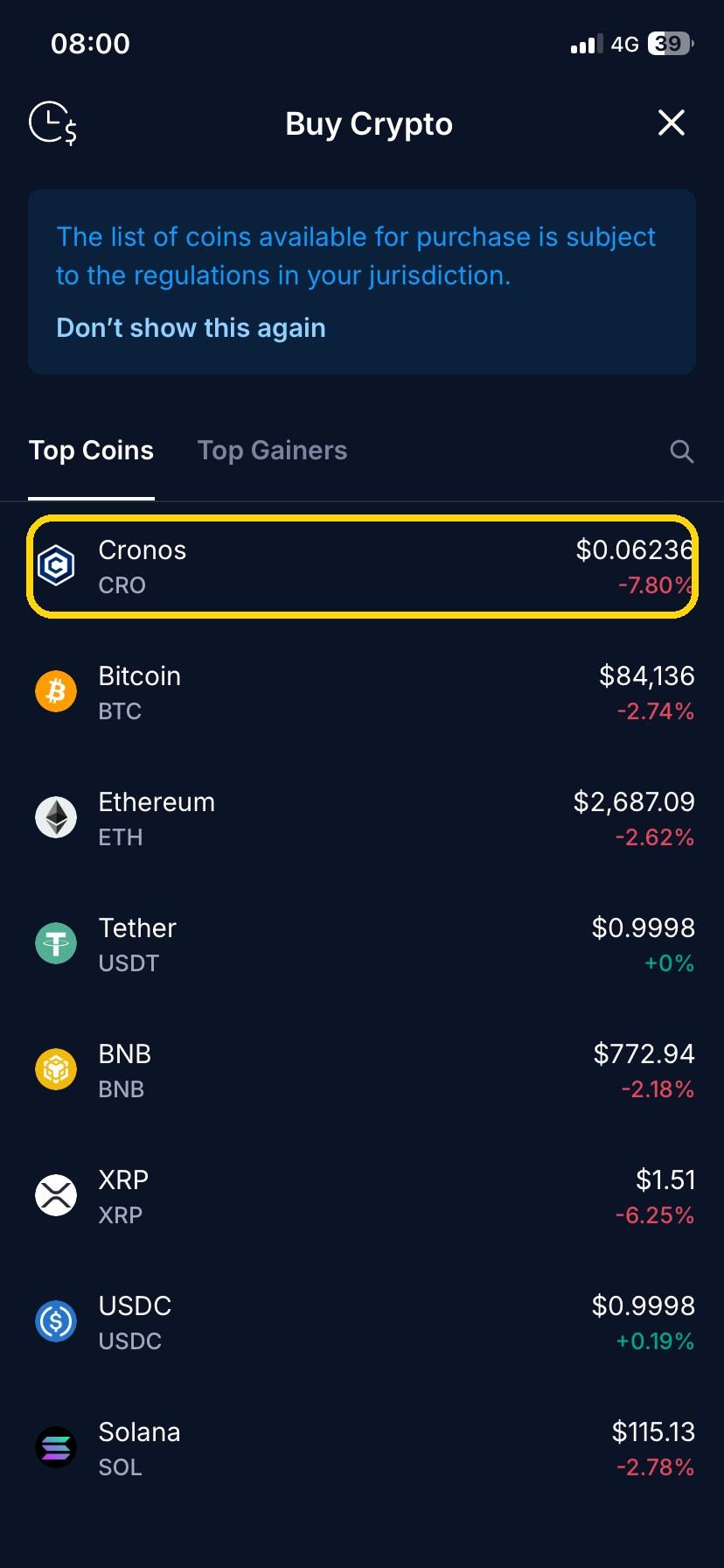 Tap Buy, then choose Cronos (CRO).