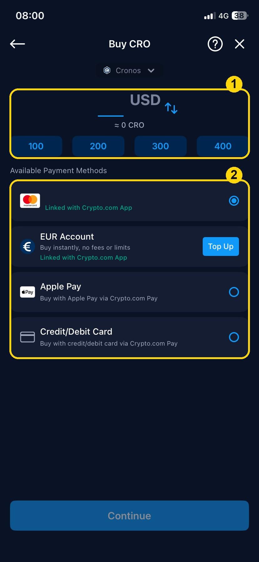 Enter an amount (1) and choose how to pay (2).