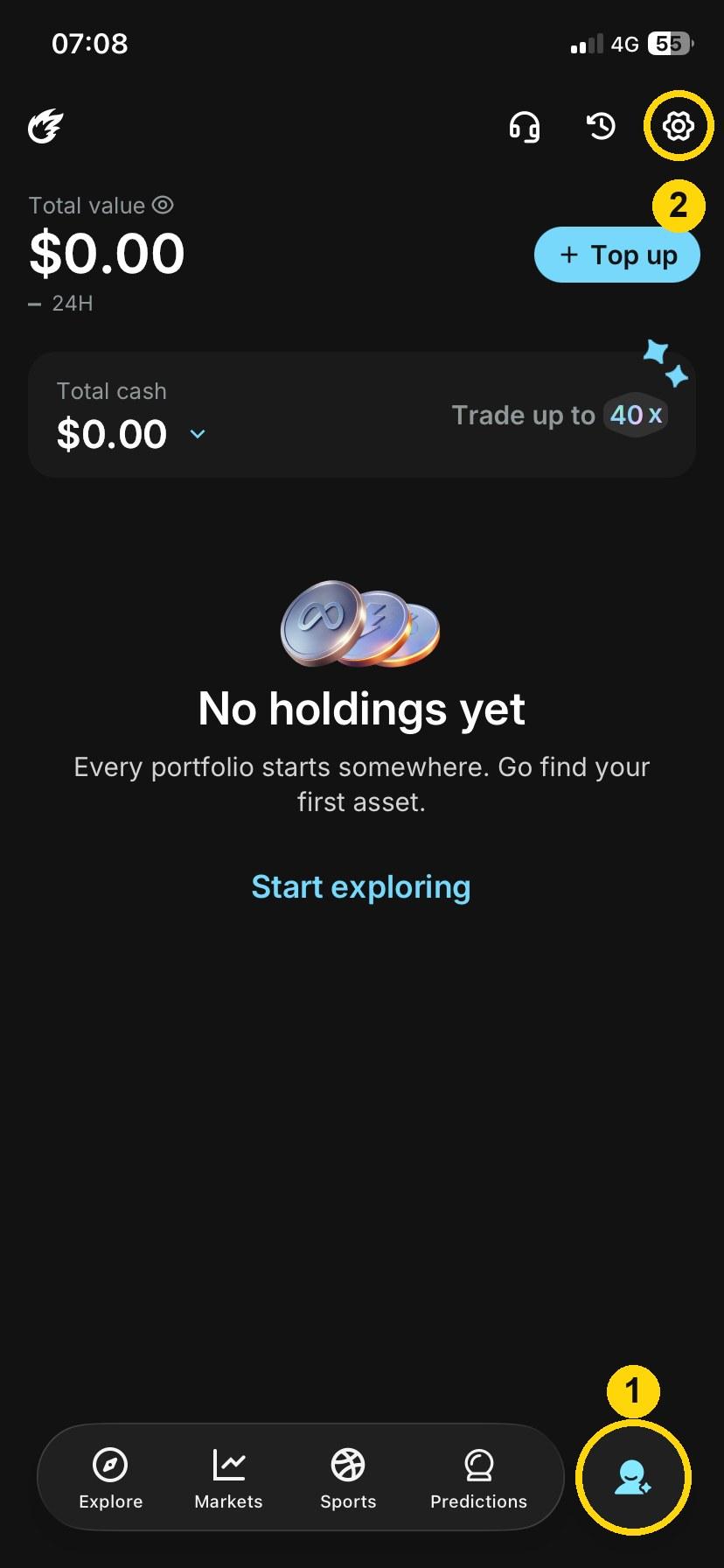 Tap your profile (1), then the settings icon (2).