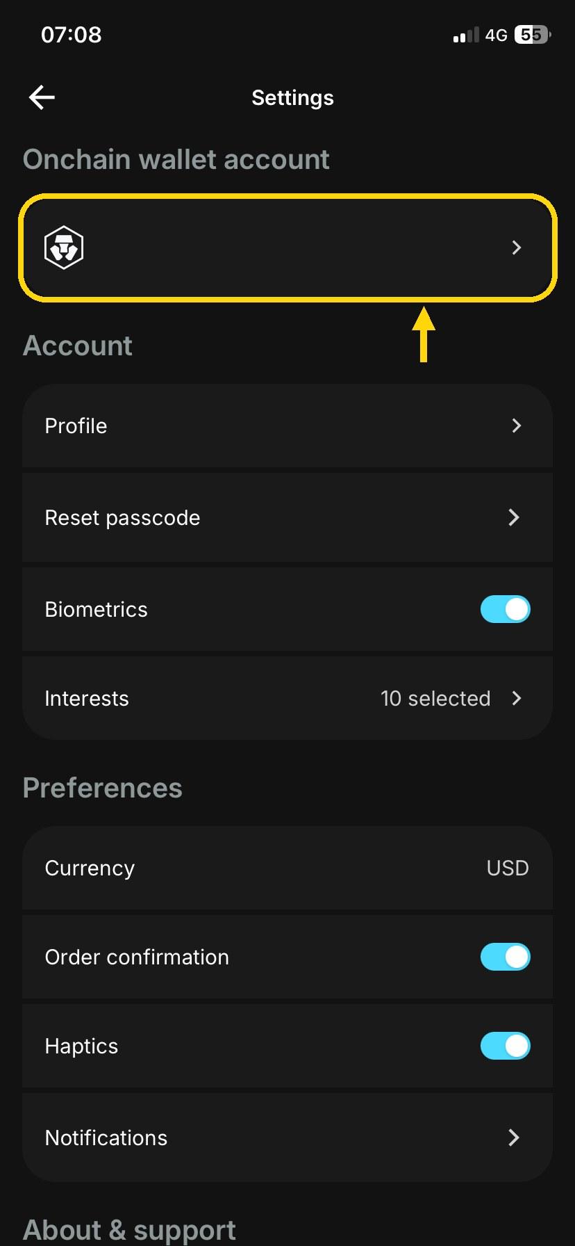 Tap “Onchain wallet account” to switch to Onchain Wallet.