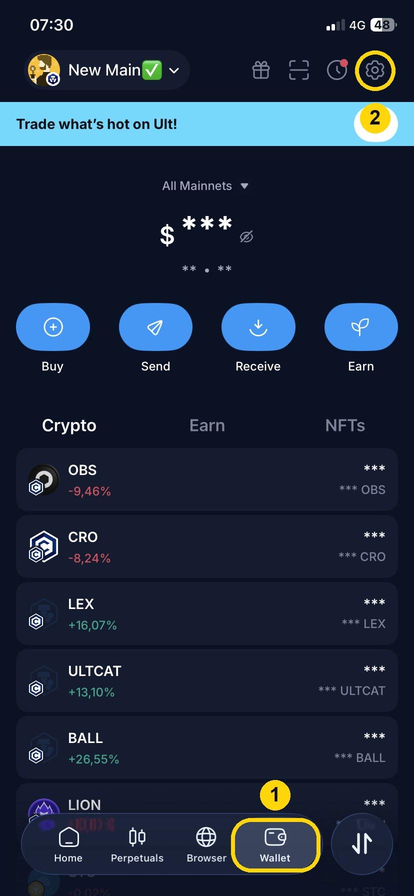 Tap Wallet at the bottom (1), then the settings icon (2).
