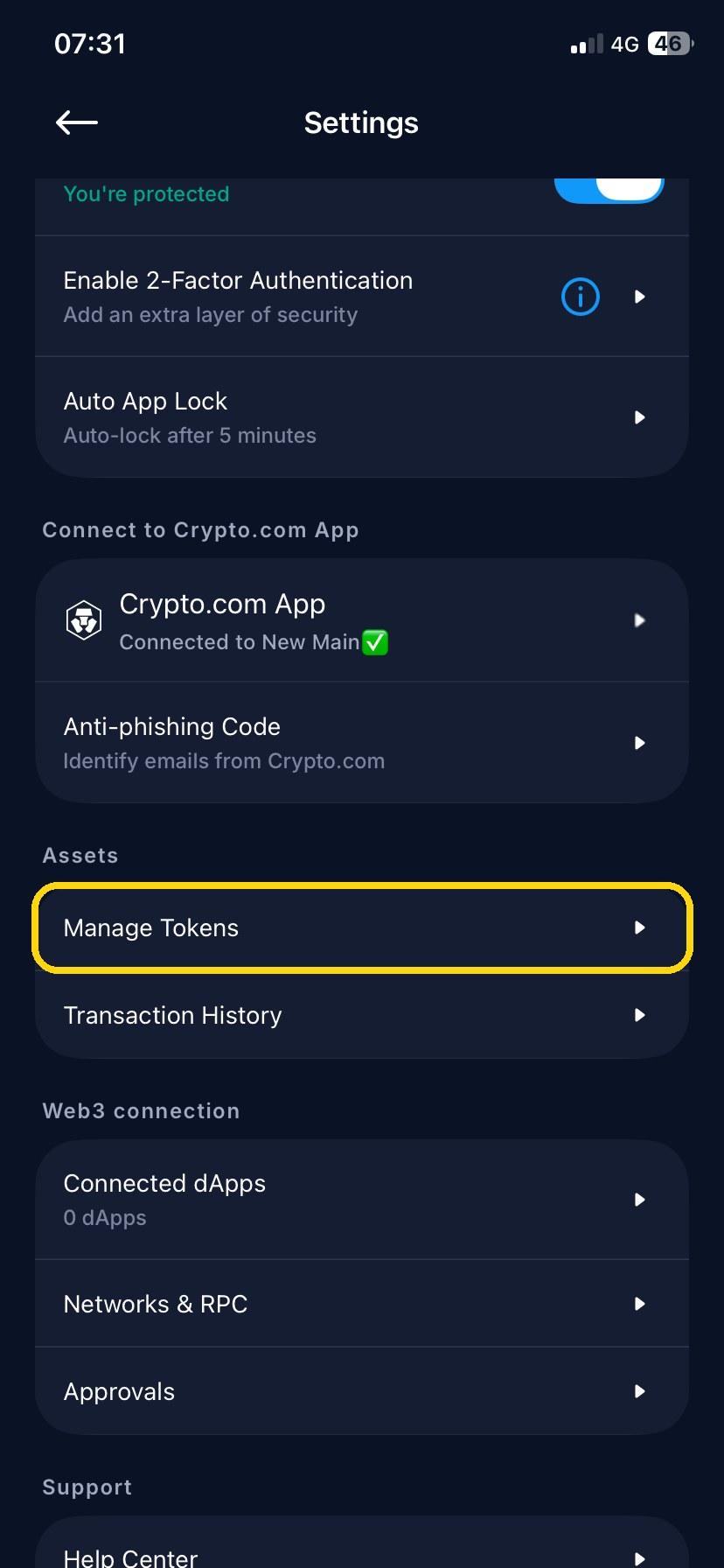 Scroll down and tap Manage Tokens.